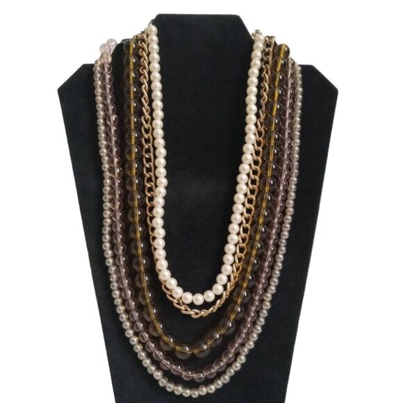 Marley Lilly Gold & Pink Multicolored Faux Pearl Glass Beaded Statement Necklace - Picture 1 of 10